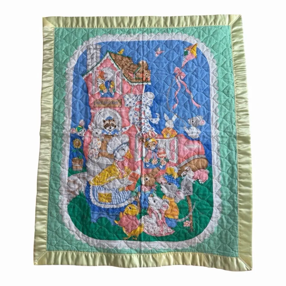 Vintage Mother Goose Baby Crib Quilt Panel Blanket Nursery Bedding 32x36 USA